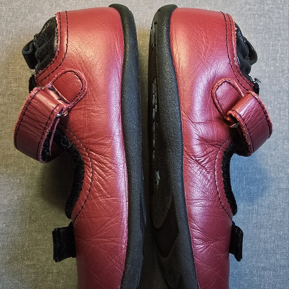 Genuine Red Leather Robeez Trendz Mary Jane Shoes With Black Velvet Bows